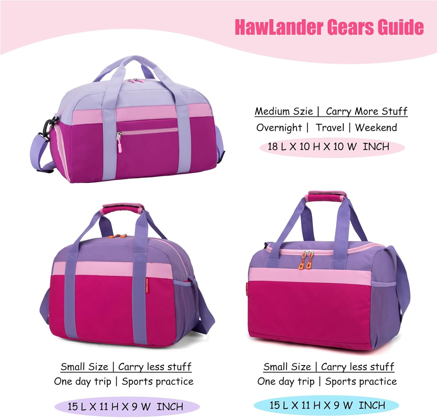 HawLander Large Kids Duffle Bag for Travel, Overnight, or Weekender, 22" inch (Rose Purple) - Image 9