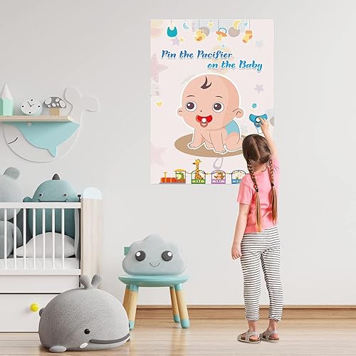 Miniatura 7 de T-Antrix Pin The Pacifier on The Baby Game - Juegos de fiesta de baby shower con póster de 21 x 28 pulgadas, chupetes reutilizables, suministros de