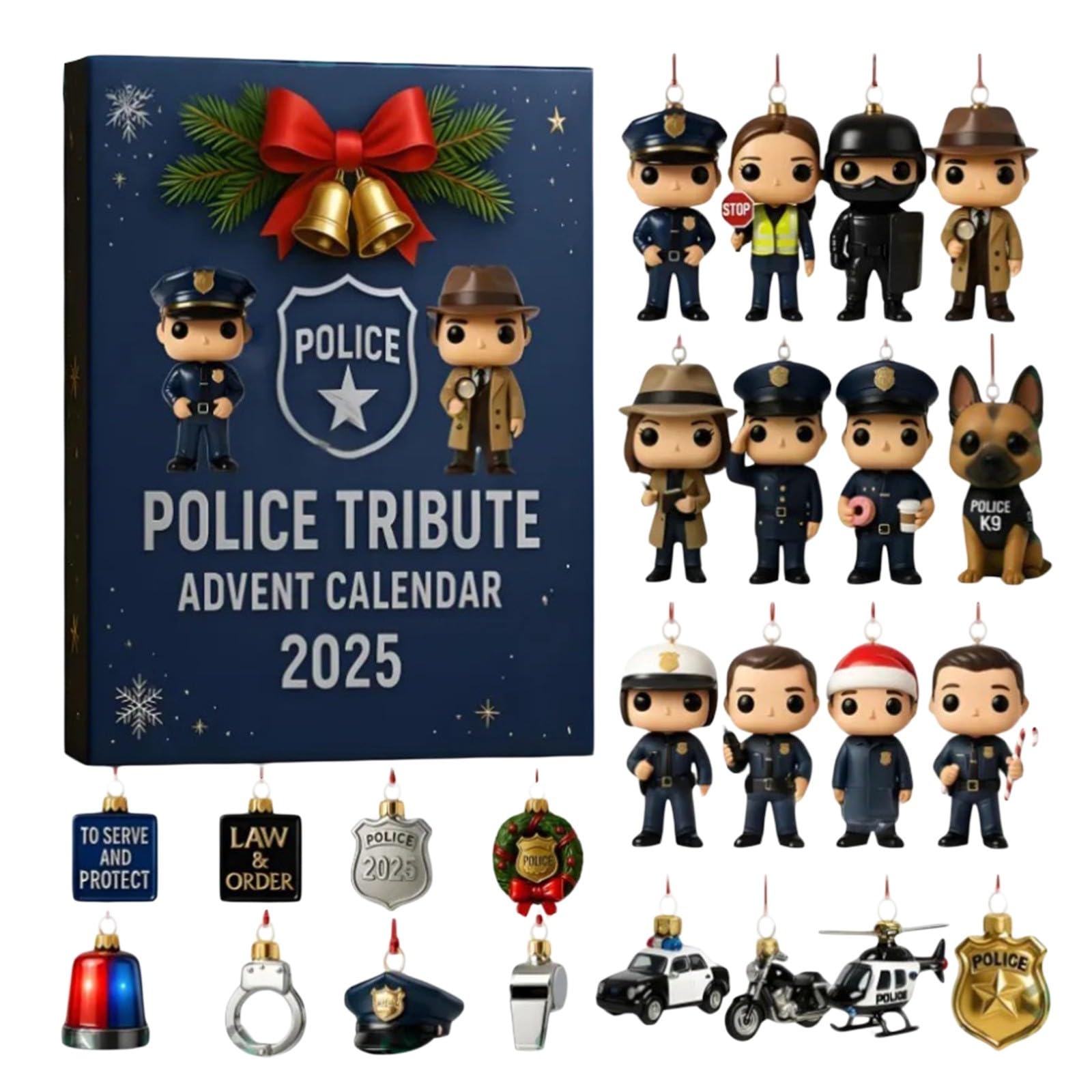 Calendario de Adviento de homenaje a la policía 2025, calendario de cuenta regresiva de Navidad de 24 días con 24 decoraciones temáticas de policía, acrílico 2D, regalo único para oficiales