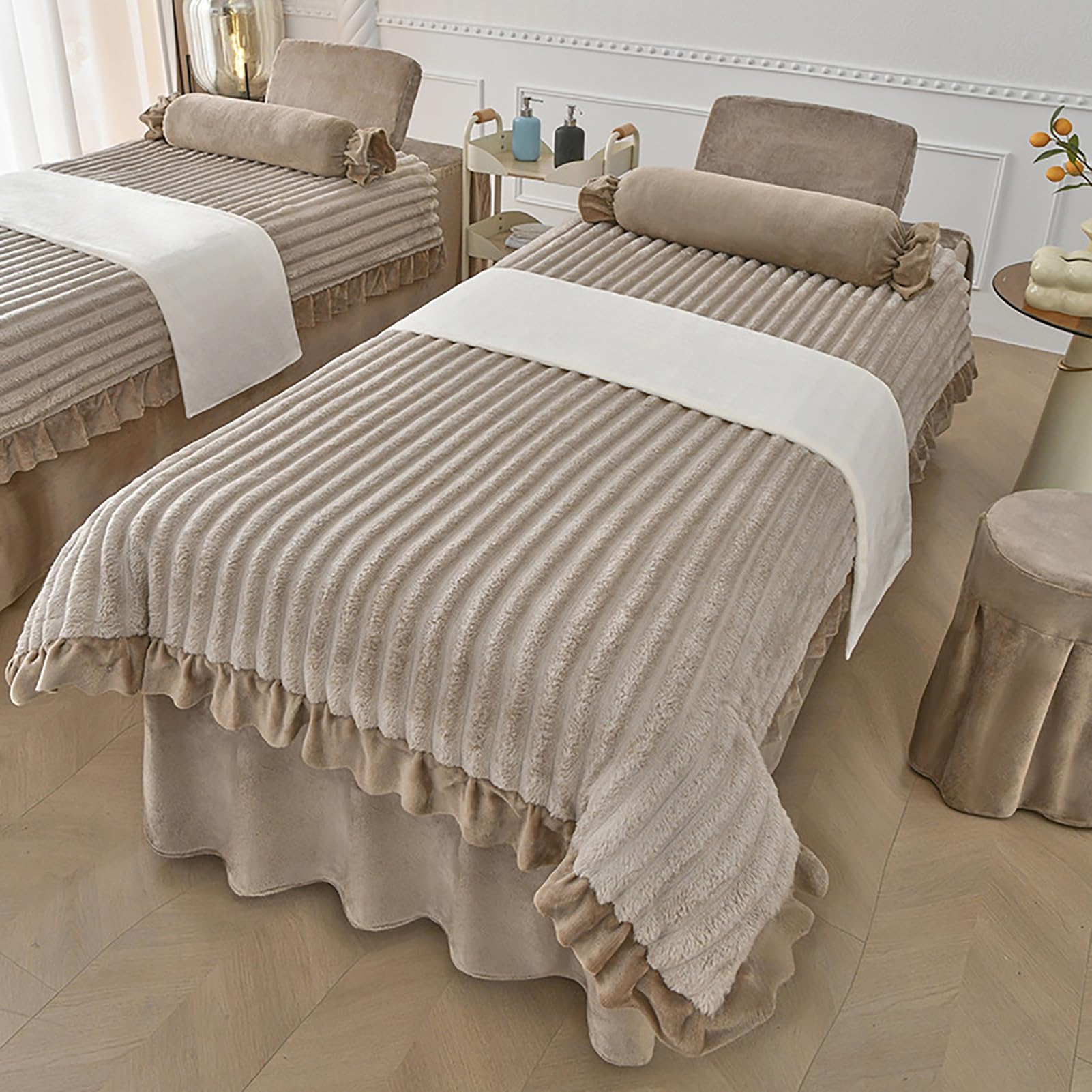 Massage Bed Skirt Spa Bed Cover with Elastic Band Breathable Massage Table Skirt with Face Hole,Salon Bedspread & Skirt,4Pcs Beauty Salon Bedding Set,camel,80x190cm(31x75inch)