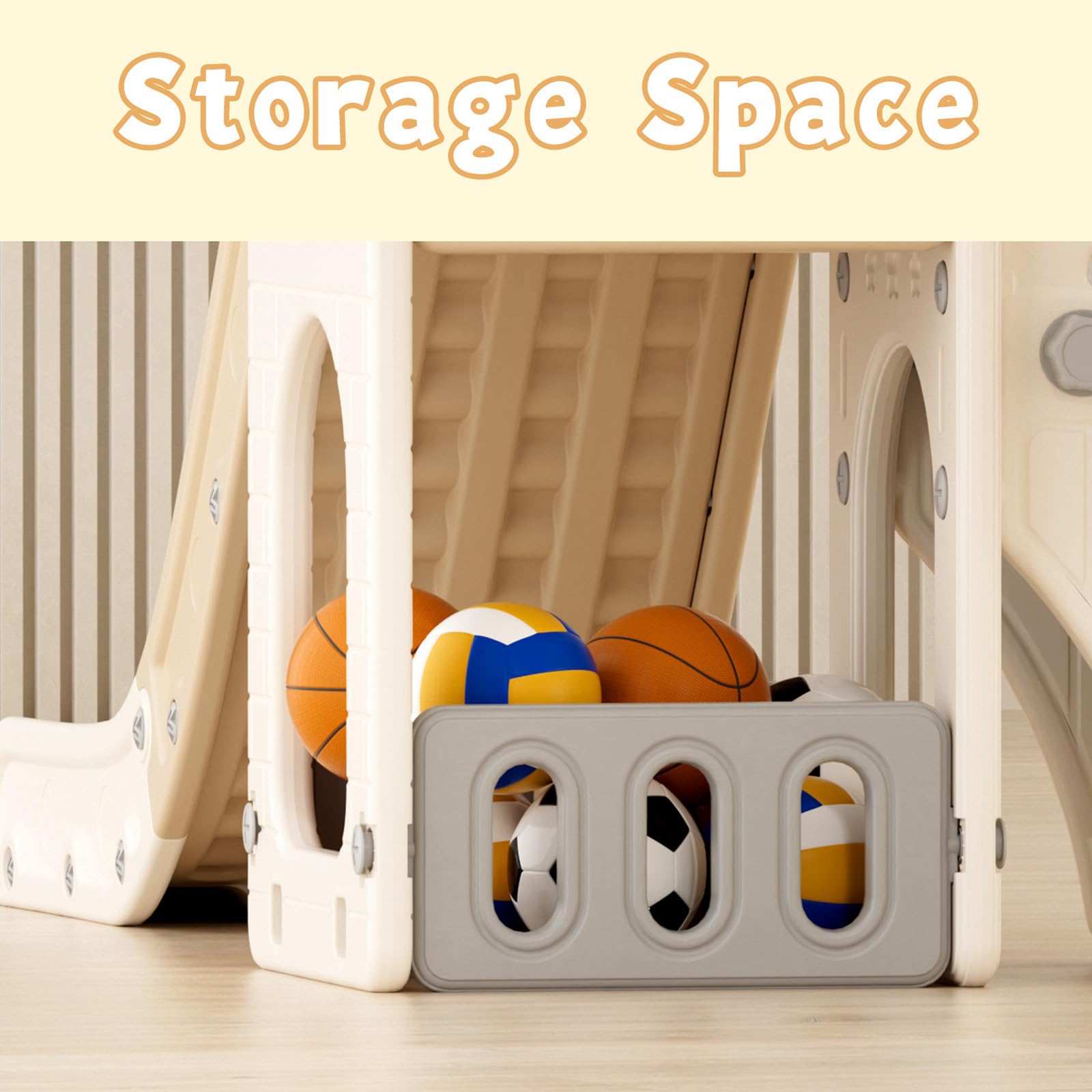 KORIMEFA Tobogán Infantil 5 en 1 con Canasta Plegable y balón de Baloncesto, Pequeño tobogán Infantil Toboganes Independientes para niños y niñas a partir de 1 año, para uso interior y exterior (Café)