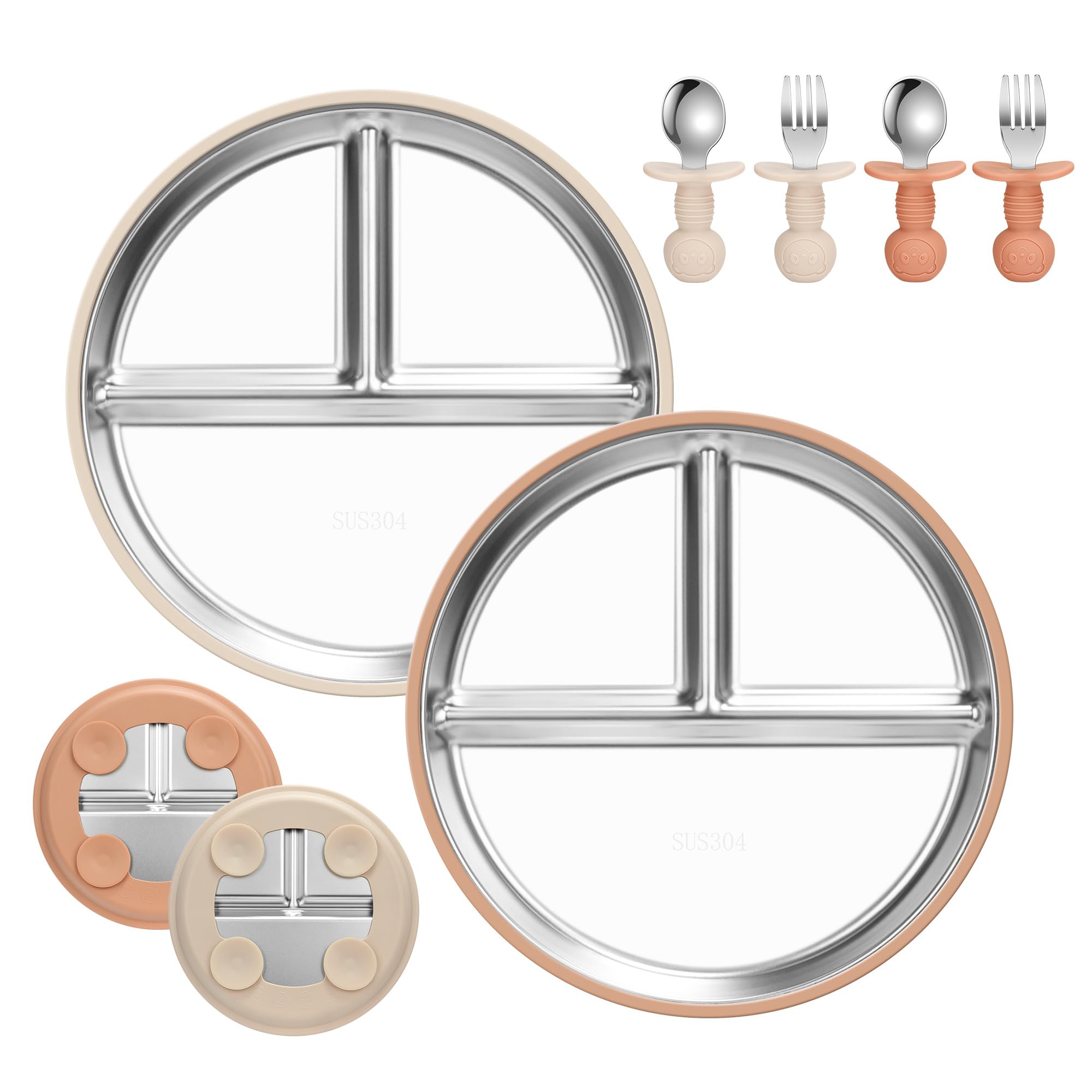 MOJINL Edelstahl Baby Teller mit Silikon Saugnapf, Silikon Babyteller mit Saugnapf, Rutschfest Kinderteller mit Unterteilung, Spülmaschinenfest Babyteller mit 4 Stück Babybesteck, BPA Frei, 2 Stück