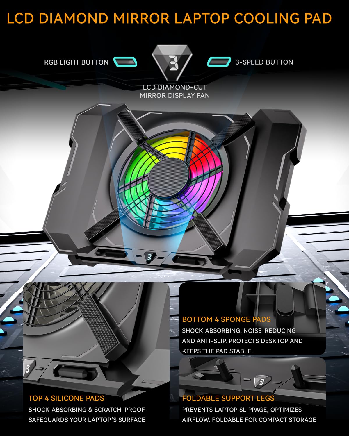 Laptop-Kühlkissen, Gaming-Laptop-Kühler mit 18,8 cm (7,1 Zoll) leistungsstarkem Lüfter, RGB-Lichtern & 3-Gang-Lüftersteuerung & LCD-Diamant-Design, höhenverstellbar, leiser Laptop-Kühlständer