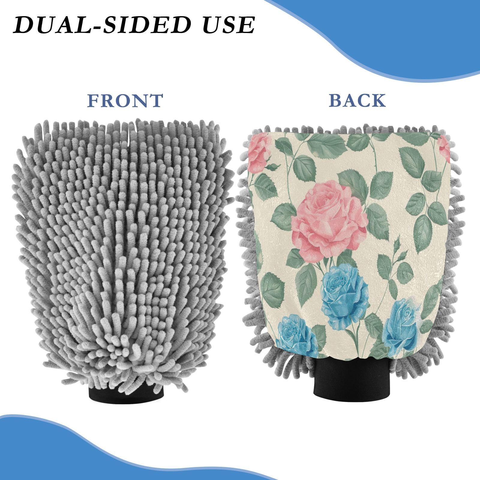Kigai Beautiful Flowers Car Wash Mitt Microfiber, 2Pcs Scratch Free Lint-Free, Premium Chenille Microfiber Mitt Car Wash Brush-M