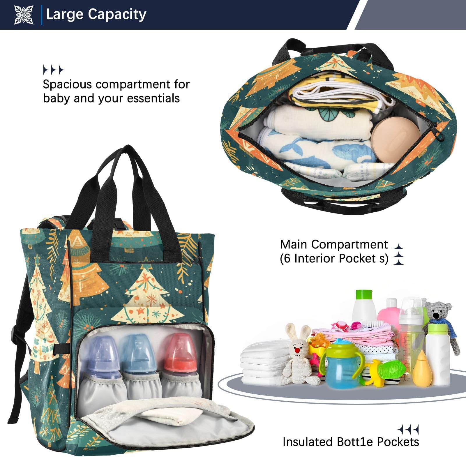 ÁRboles Dorados Vacaciones Festivas Mochilas de Pañales para Gran Capacidad Pañal Bolso Mochila para Viajar al Aire Libre Mamá y Papá