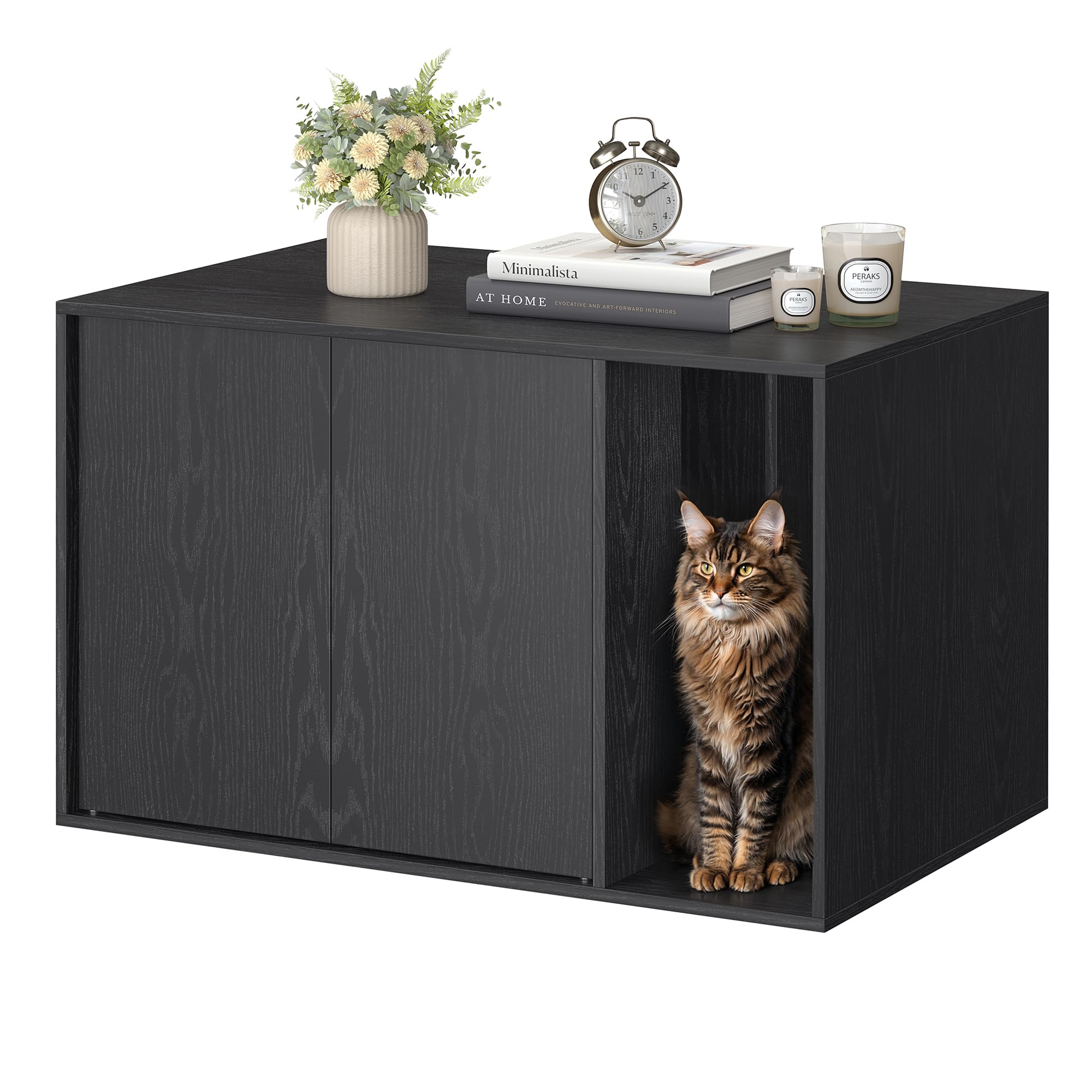 SONGMICS HOME Szafka na kuwety dla kota, ultraszybki montaż bez użycia narzędzi, ociekacz dla dużych kotów, drzwi otwierane ciśnieniowo, stół, minimalistyczny, nowoczesny, czarny drewno PCL013B03
