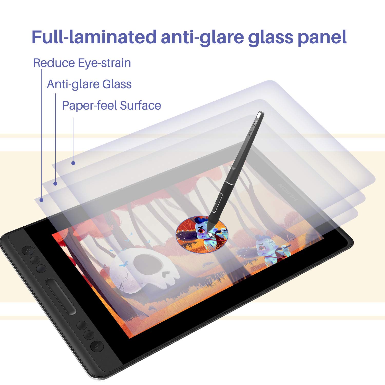 HUION KAMVAS PRO 13 Grafiktablett mit Display 13,3 Zoll Grafikzeichnungsmonitor, voll laminiert, mit verstellbarem Ständer, 4 Expresstasten und 1 Touch-Bar Ideal für Home-Office & E-Learning