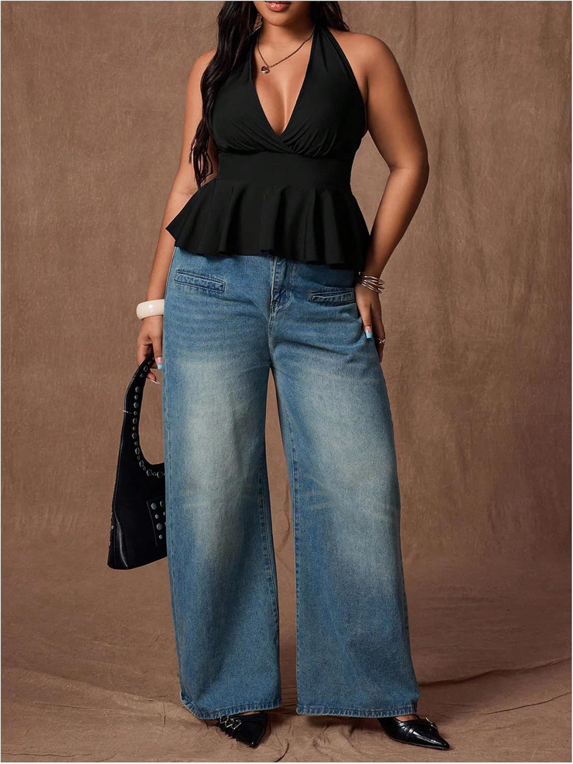 Floerns Women's Plus Size Y2K Backless Halter Top Sleeveless Ruffle Peplum Going Out Tops - Image 5