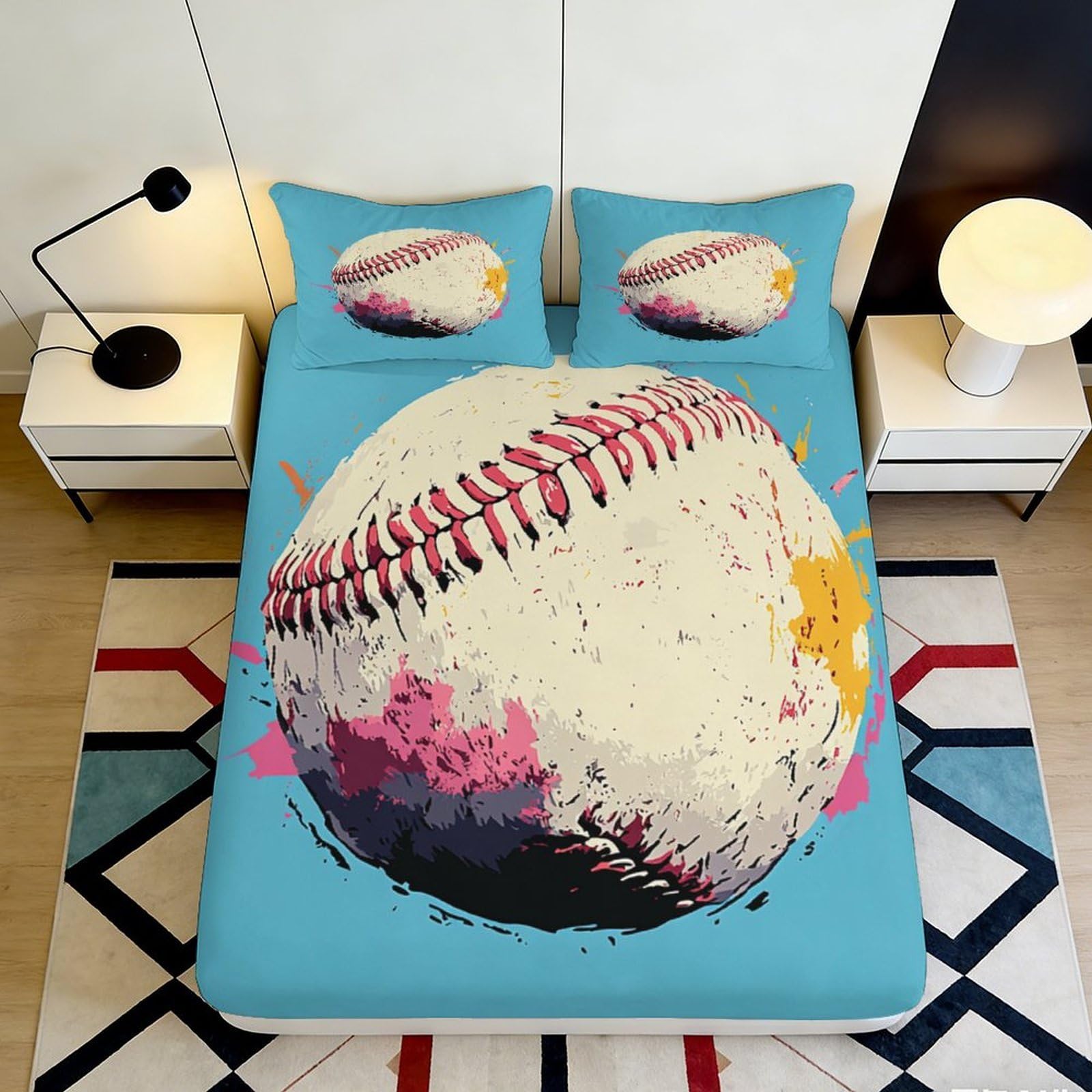 3D Printed Baseball Splash Fitted Sheet Microfiber Soft Mattress Cover for Bedroom Dorm Decorative Protection 90x200x25cm