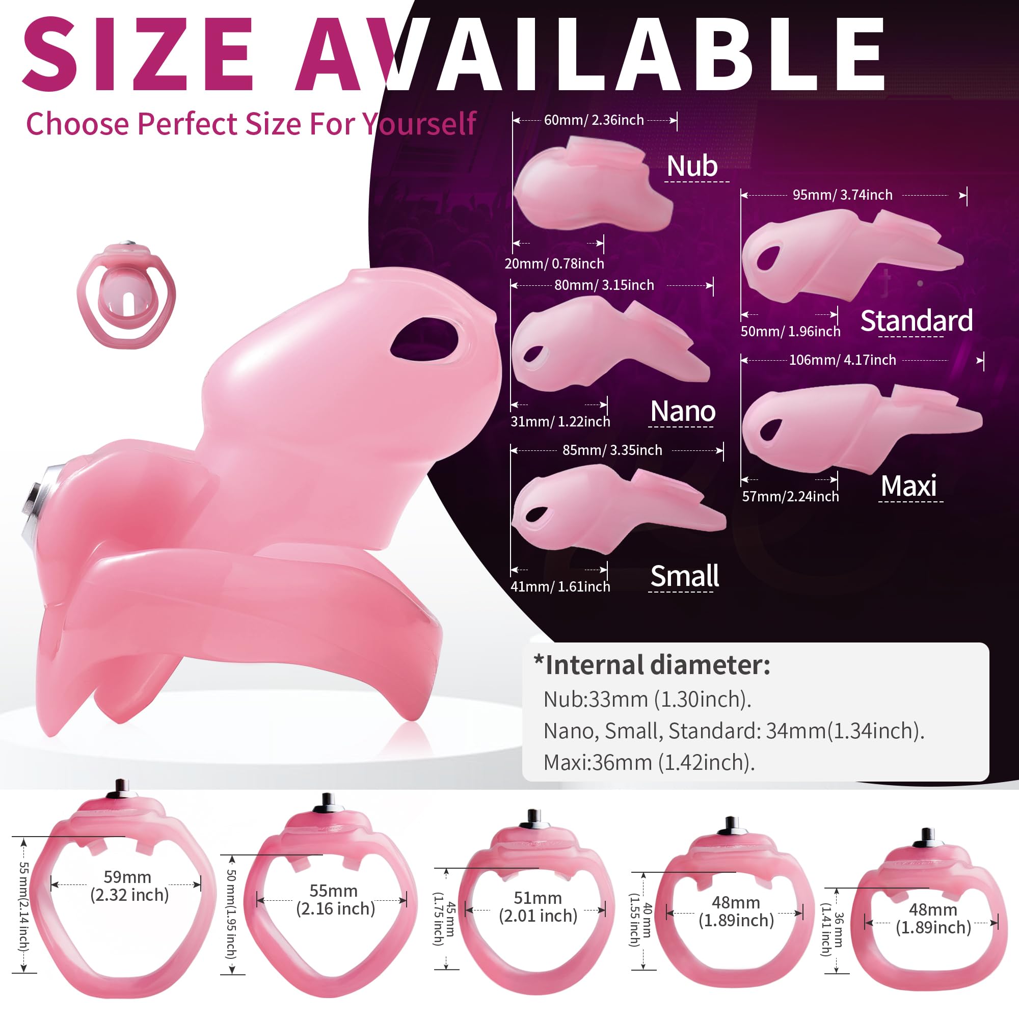 FYJENNICC HT-V5 Male Chastity Cage - Lightweight Resin Male Chastity Cage with Click&Lock Key | Ergonomic Design| Bondage Gear &Adult Sex Toy for Men – Includes 5 Ring Sizes (Black, Standard): Small Pink