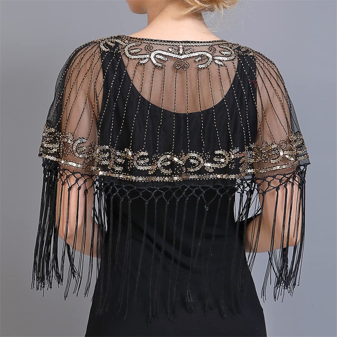 Sciarpa in pizzo e rete, Scialle da donna con frange e paillettes, trasparente, ricamo floreale, in rete, multicolore