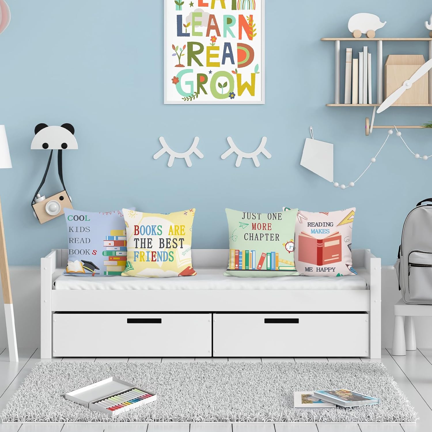 Reading Throw Pillow Covers, Colorful Books Kids Velvety Decorative Pillowcases for Sofa Bed Home Kids Room Classroom Set of 4, 18 x 18 Inches - Image 3