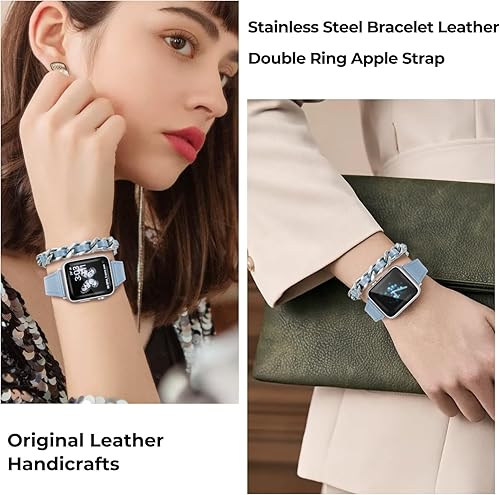 Miniatura 5 de HANDODO Italian Genuine Leather Women Slim Double Tour Band with Stainless Steel Chain Compatible With 38mm 40mm 41mm 42mm 44mm 45mm 49mm Apple