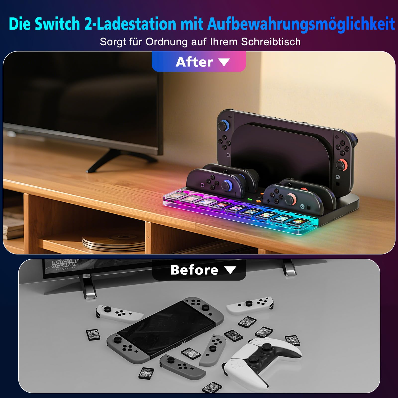 Switch Ladestation mit 7 RGB-Lichteffekten, 4 Joy-Con Schnellladung & 9 Spielkartenaufbewahrung, Universelles Zubehör für Switch Konsole