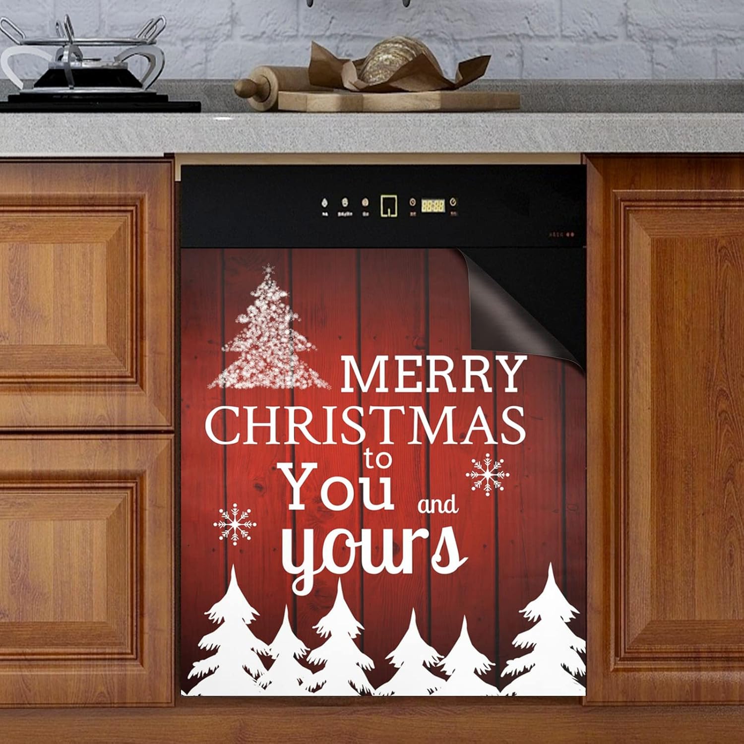 Dishwasher Cover Panel Christmas Tree Snowflakes Cover Decal Sticker Fridge