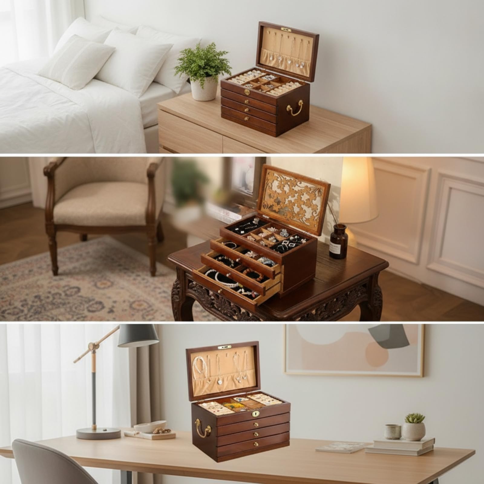 Organizer Gioielli Scatola Porta Gioie Cofanetto Cassettiera Legno Multilivello con Cassetti E Scomparti Foderati Ferramenta Resistente E Coperchio, Velvet Hook W Lock