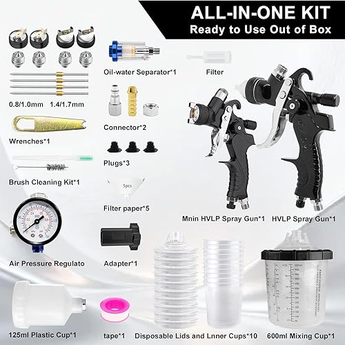 Miniatura 8 de HVLP Kit de pistola de pulverización de aire, 2 pistolas de pintura en aerosol, 0.8/0.039 in, 4.2 fl oz y 1.4/0.067 in 20.3 fl oz pistola de pintura