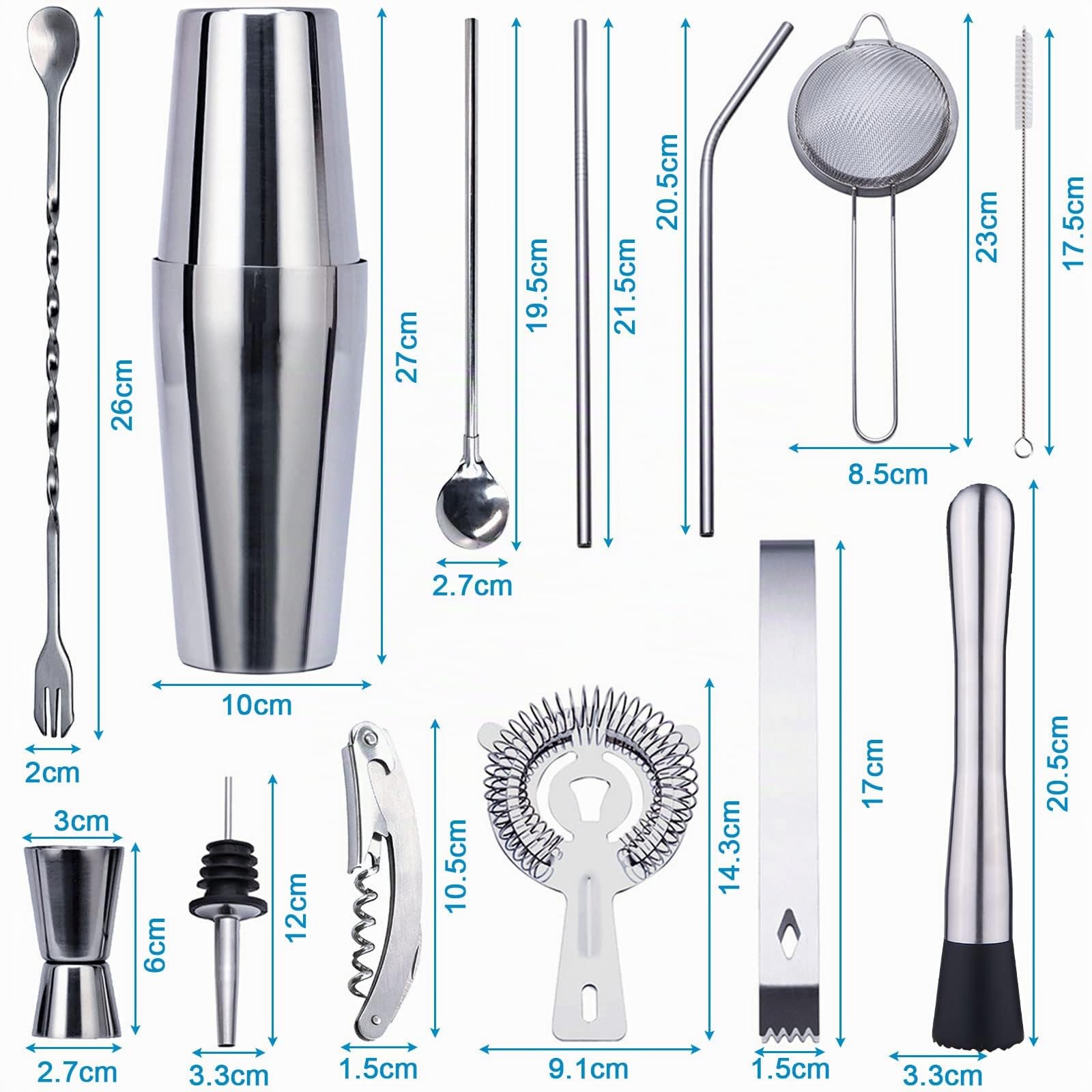 Coctelera,Juego de Mezcla de cócteles,de 20 Piezas para Barman,Cocktail Kit de Acero Inoxidable con Agitadores 750ml,Colador,Manual de cócteles,Bar,Hogar