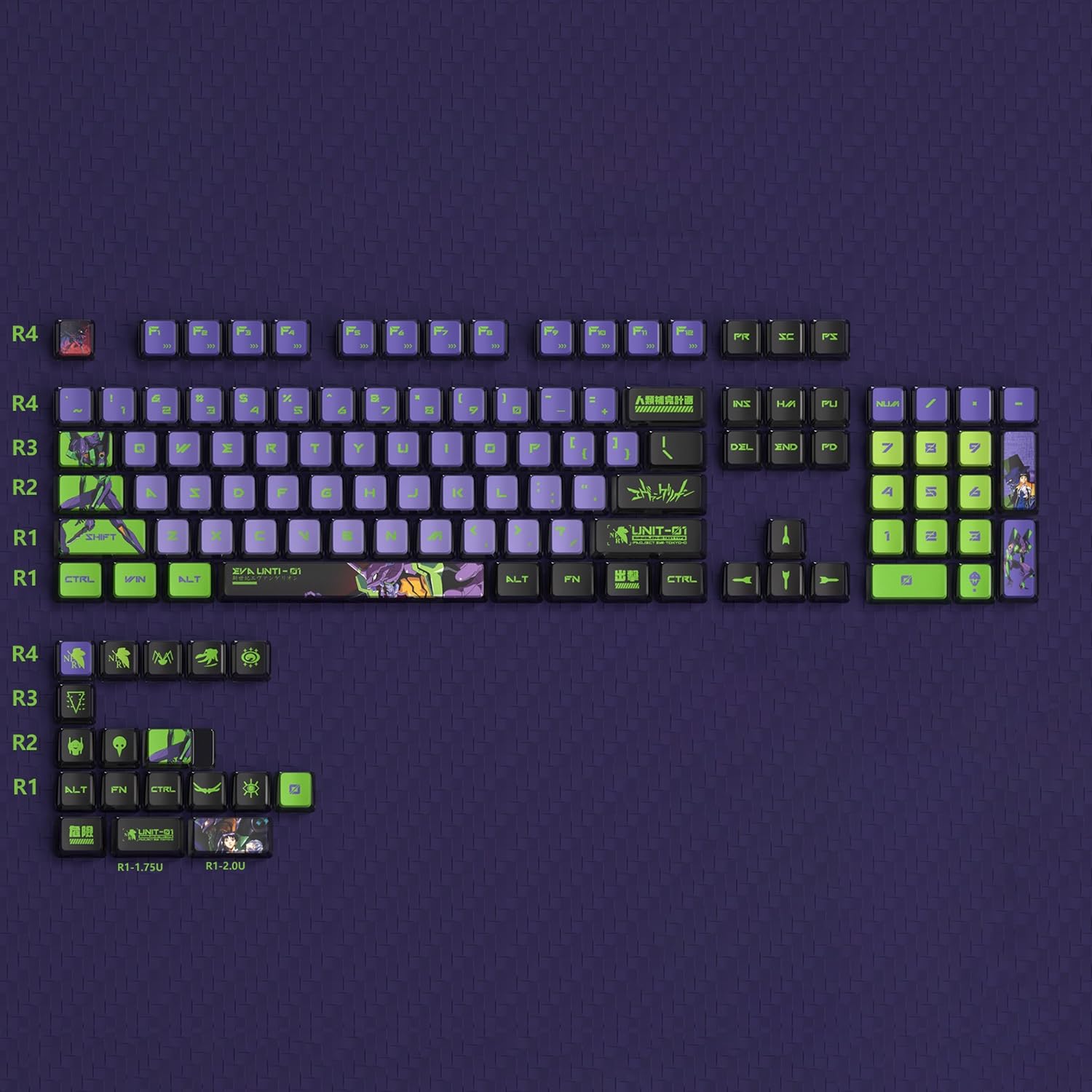 DucKey Copritasti Traslucidi Evangelion, Tastiera da Gioco Meccanica Eva Anime OEM Profilo PBT+Tastiera PC(EVA-01)