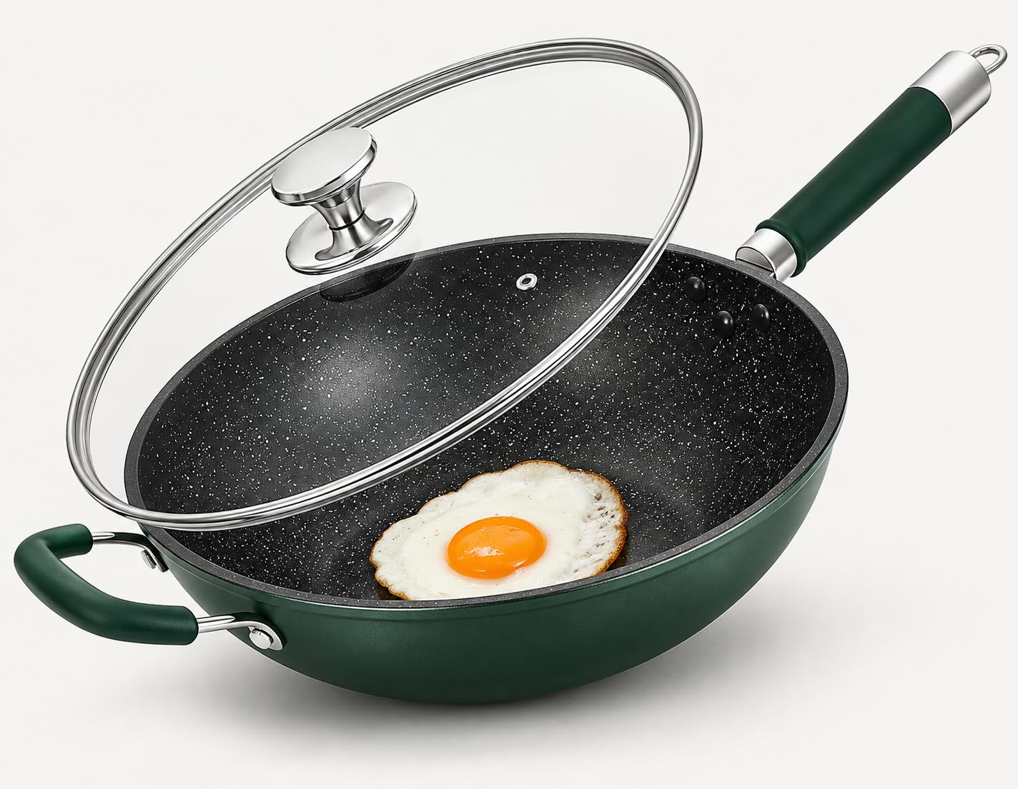 SANON 34cm Nonstick Frying Pan, Premium Wok Stir Fry Frying Pan Interior with Lid Heat Resistant Handle No Chemical Coated and Large Capacity Suitable for Induction, Gas, and Electric Hobs, Green