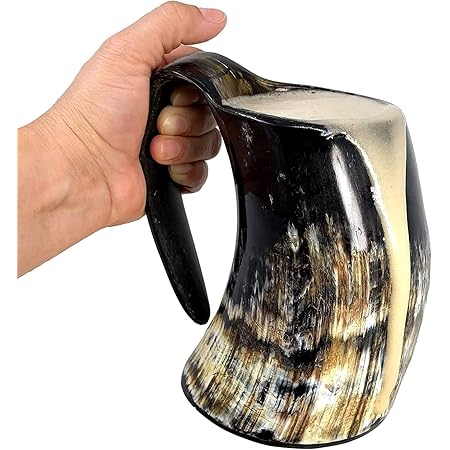 AleHorn Viking Drinking Horn - Ox Horn Tankard for Ale & Mead - Food-Grade Medieval Style Mug - Handcrafted Manly Beer Cup - Gift Idea for Anniversary, Birthday & Holiday - Large (≈ 12-16 oz), Natural