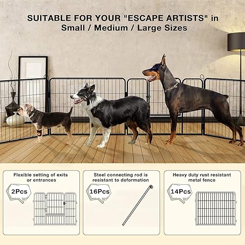 Miniatura 4 de OFIKA Corralito de Metal Resistente para Perros para Animales MedianosPequeños, 16 Paneles 24" de Altura x 27" de Ancho, Cerca para Perros Corral de