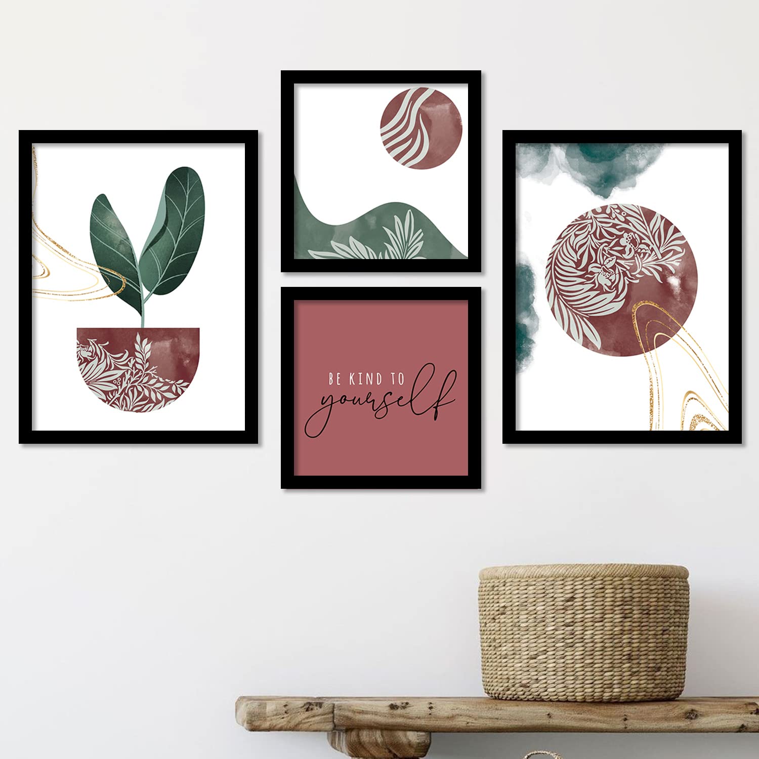 Kotart Abstract Art Wall Paintings with Frame for Living Room - Nature Theme Framed Wall Posters / Paintings ( 11 inch x 14 inch, Framed ) Set of 4( Pink)