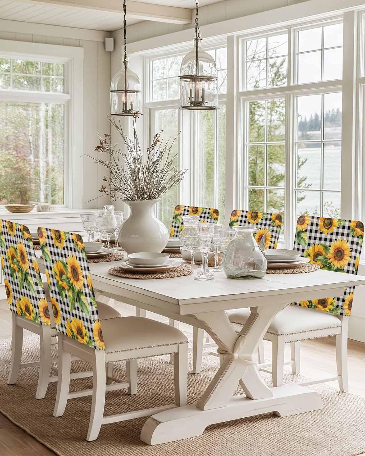 Chair Back Covers Set of 6, Sunflower Black Check Washable Chair Covers for Dining Room, Spring Summer Flowers Botanical Decorative Dining Chair Slipcover for Kitchen, Home, Hotel, 20x19 Inch