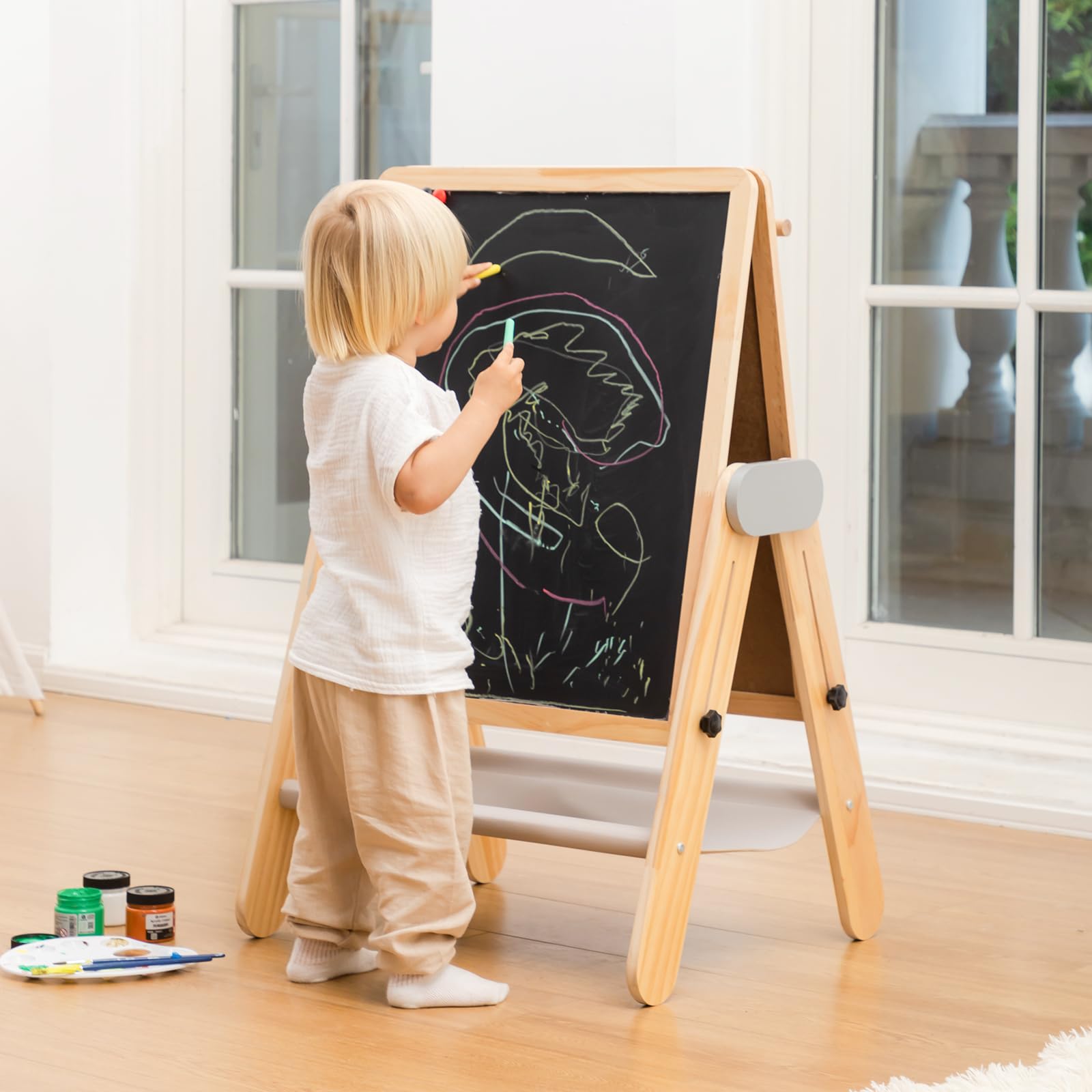BanaSuper Caballete Infantil Plegable Altura Ajustable (90-110cm) - Pizarra para Niños, Pizarra Magnética Doble Cara con Pizarra Blanca, Tablero Dibujo Madera para Juego Creativo de Niños