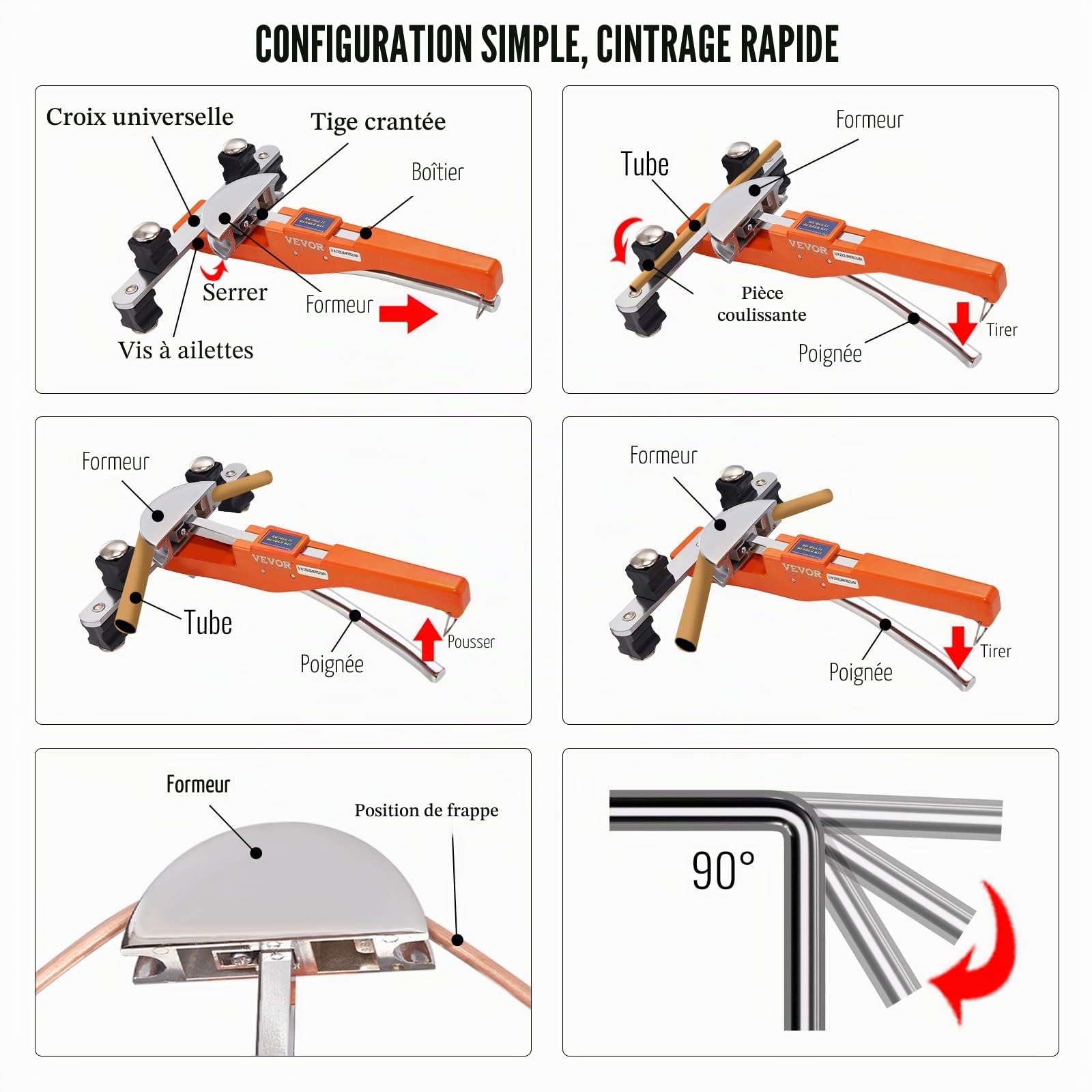 VEVOR Cintreuse Arbalète 6-22 mm Cintreuse à Cliquet de Tubes Manuelle 7 Matrices 90° Cintrage Avant Arrière Coupe-tube Cuivre Outil Ébavurage pour Plomberie Chauffage Sol Réfrigération Climatisation
