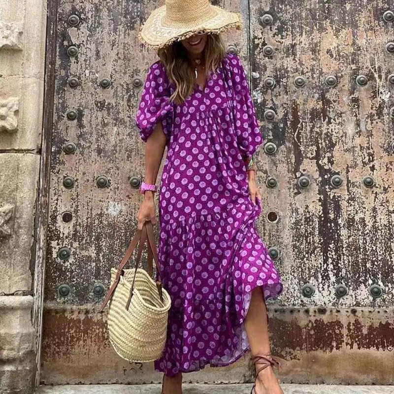 Image of Womens 2024 Casual Boho Maxi Dresses V Neck 3 /4 Puff Sleeve Geometric Pattern Smocked Ruffle Beach Long Sundress (D,Large)
