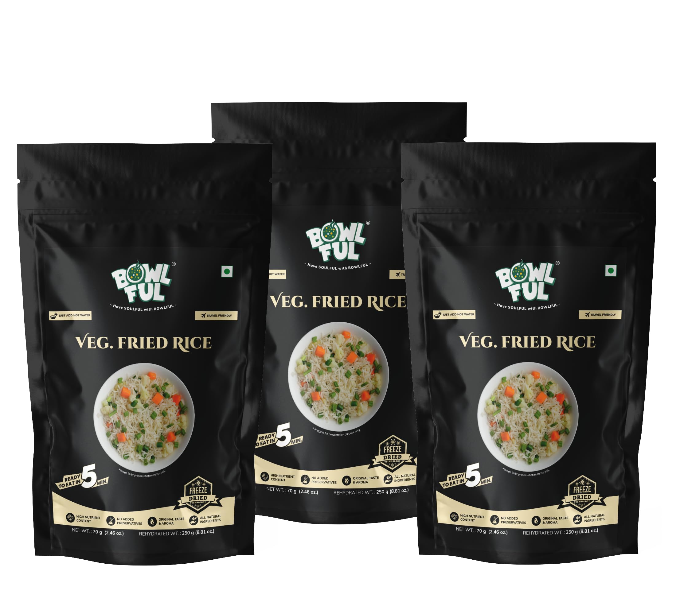 Bowlful Veg Fried Rice | Ready-to-Eat Meal | Indo-Chinese Style Vegetable Rice | 70g Net Weight (250g After Rehydration) | Pack of 3 | No Added Preservatives & Colours | Microwaveable-image-5
