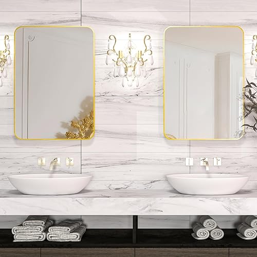 Miniatura 4 de Manocorro Espejo de pared para baño, 20 x 28 pulgadas, espejo rectangular dorado con marco de aleación de aluminio, espejo colgante de esquina