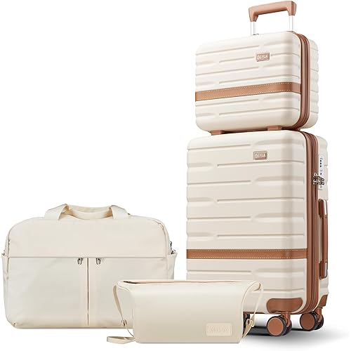 Luggage Sets 3 Piece with TSA Lock Hardside PC+ABS Carry On Suitcase with YKK Zippers Lightweight Rolling Travel Luggage Sets with Spinner Wheels (Beige, 4 Piece Sets(14/20/DB/TB))