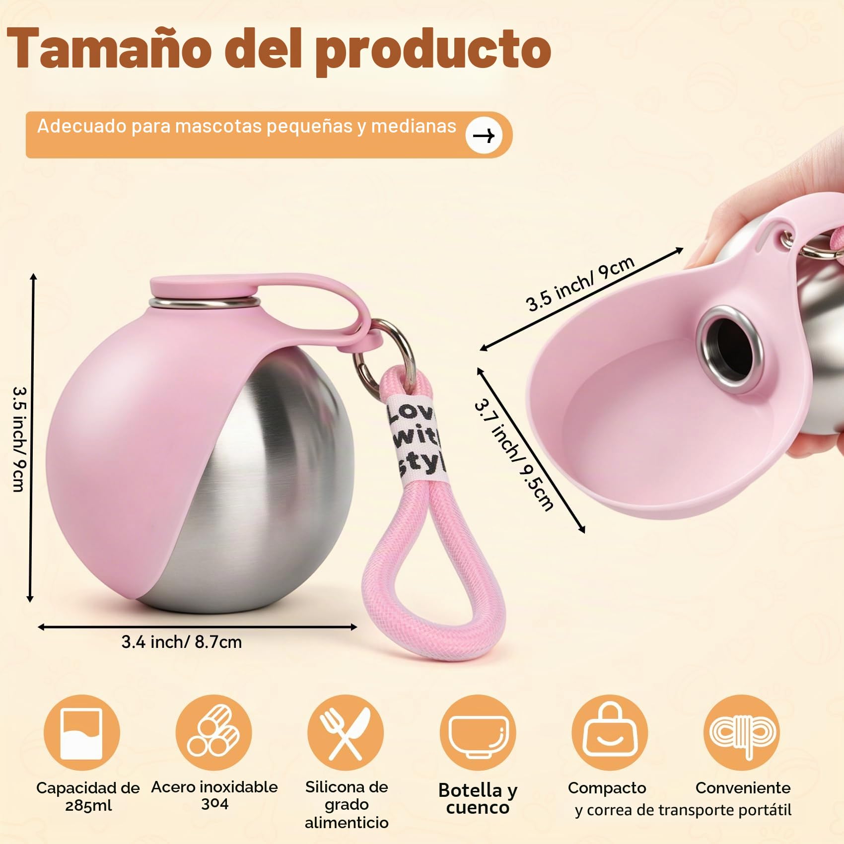 Bebedero Portátil para Perros, 285ml Botella de Agua para Perros de Acero Inoxidable, Botella Antifugas con Cuenco Plegable de Silicona, Botella de Agua Portátil para Pasear, Viajar y Acampar