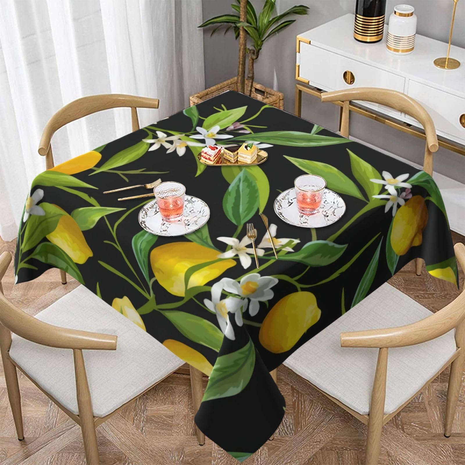 DCEHGEW Lemon and Flower Prints Square Tablecloth 137x137 CM, Waterproof Fabric Table Cloth for Dining Table, Farmhouse Table Cover for Kitchen Dining Tabletop Decoration