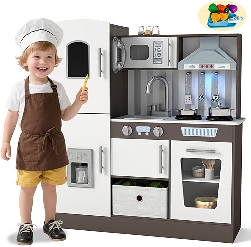 Miniatura 1 de JOYDIAS - Juego de cocina para niños, juego de cocina de madera con sonido y luz, horno, máquina de hielo, pizarra y caja de almacenamiento de