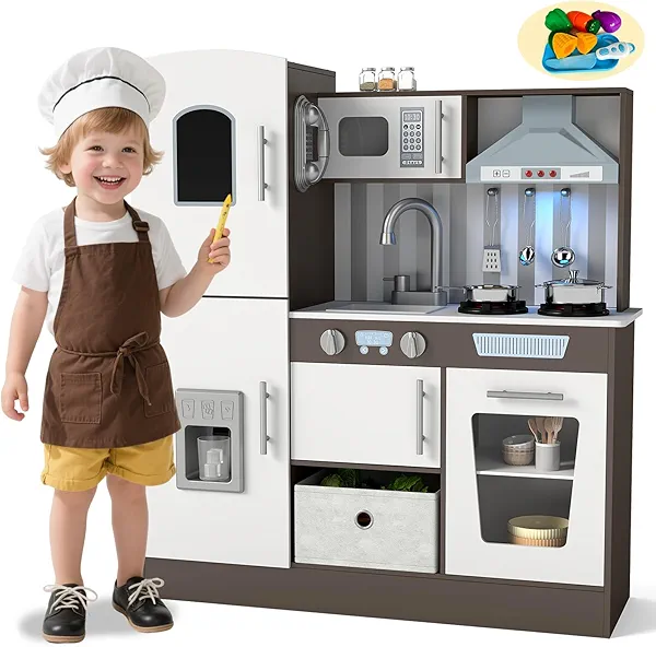 JOYDIAS Kids Play Kitchen Set, Pretend Wooden Kid Kitchen Playset Toy Kitchen w/Sound and Light, Oven, Ice Maker, Blackboard & Toy Storage Box, Toddler Kitchen Accessories for Kids Ages 3+