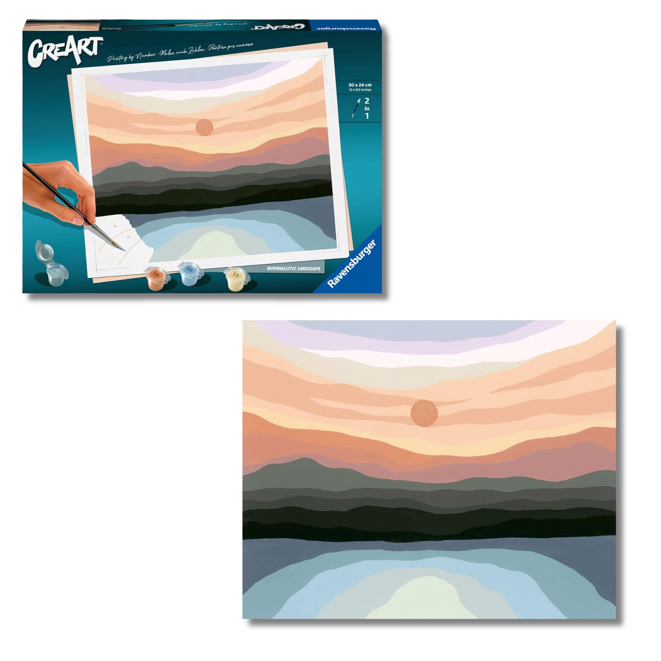 Ravensburger - CreArt Paesaggio Stile Minimal, Kit per Dipingere con i Numeri, Contiene Tavola Prestampata 24x30 cm, Pennello, Colori e Accessori, Gioco Creativo e Relax per Adulti 14+ Anni