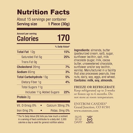 Enstrom Milk Chocolate Almond Toffee 1lb box | Handcrafted | Gluten Free | Kosher Dairy | All Natural