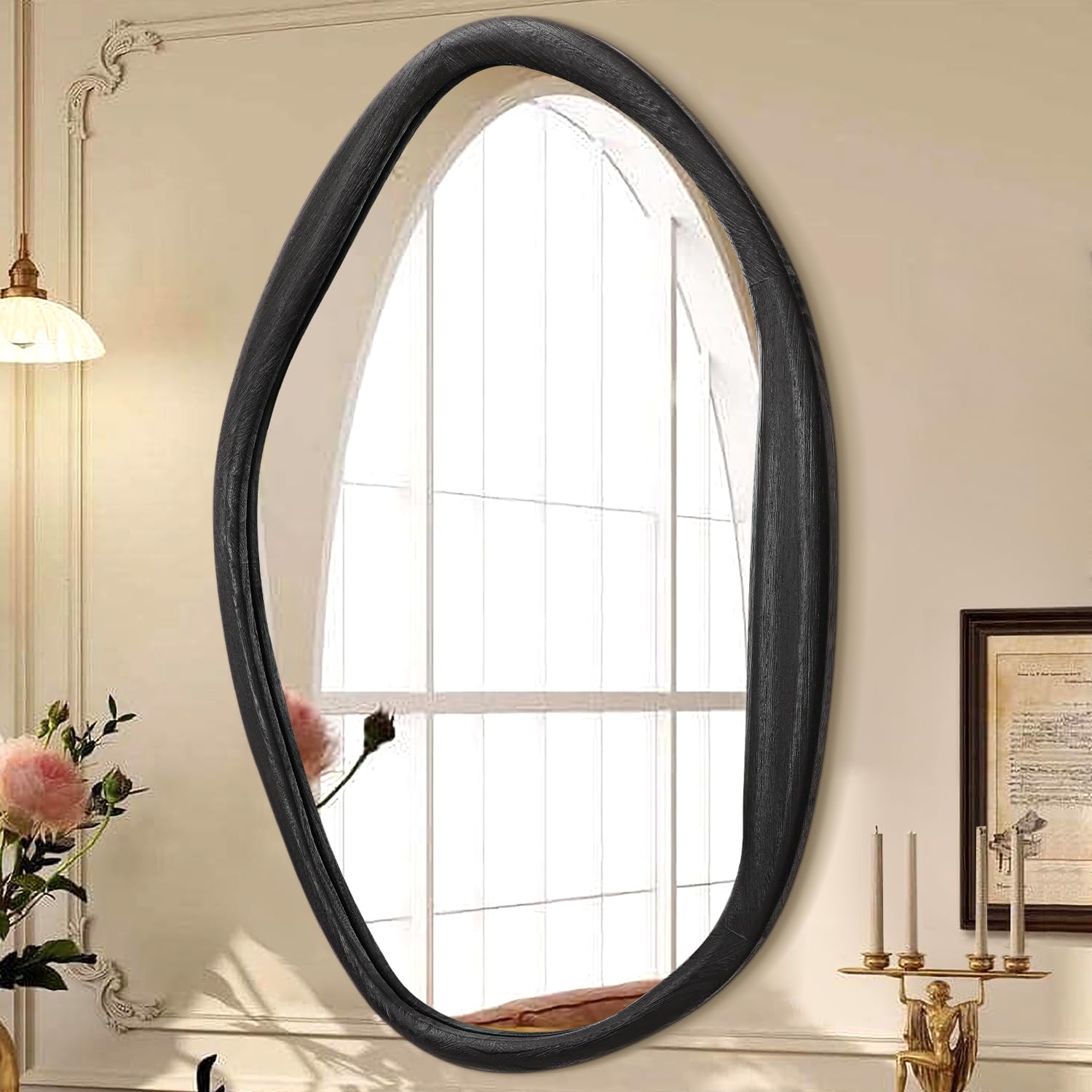 JJUUYOU Irregular Mirror Large Black Asymmetrical Wooden Wall Mirror 70x50 cm Home Decorative Wall Mounted Vanity Mirror for Bathroom Dressing Room Living Room