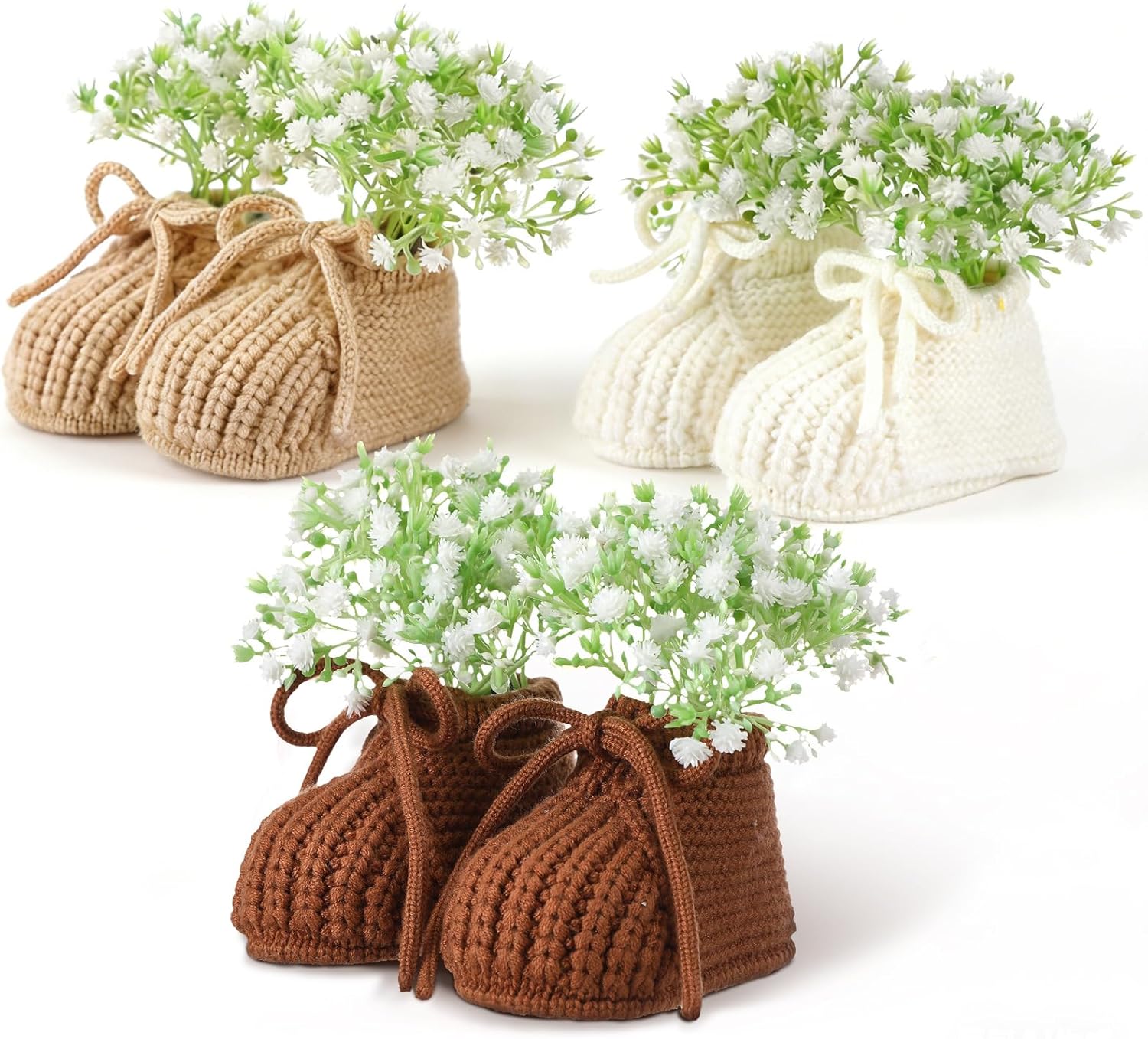 Chicingyou 3 Set Baby Shower Table Decorations Crochet Knitted Baby Booties Bulk with Dried Pampas Grass Bouquet Boho Table Centerpieces Gender Reveal Party Decor