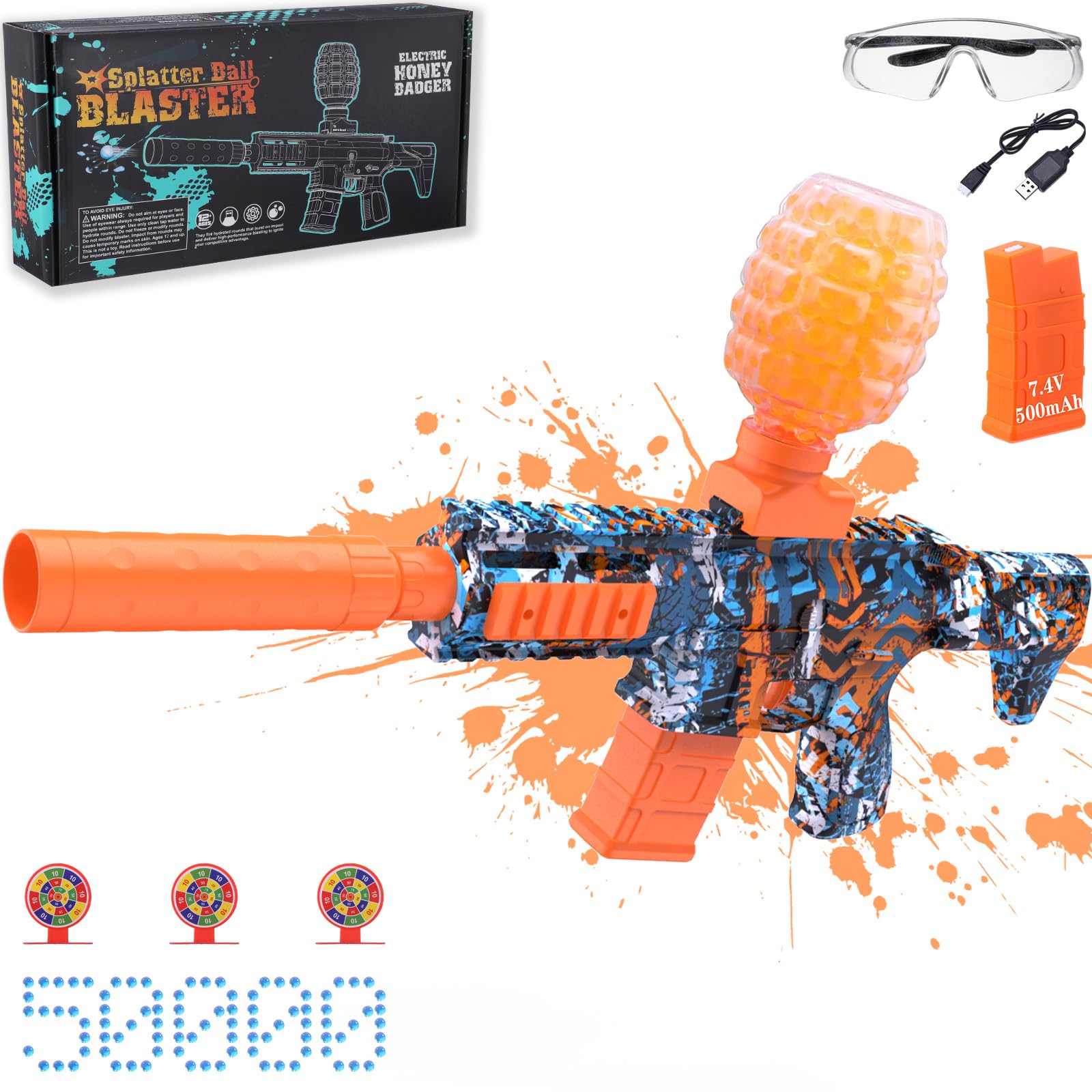 Splatter Blasters, Full Auto Splat Blaster Toy Kits, 50000+, 12 Rs Per Seconds, 7.4V 500 mAh Rechargeable Batteries, Outdoor Team Game Activities Toy, Age 12+ Year Up - Blue