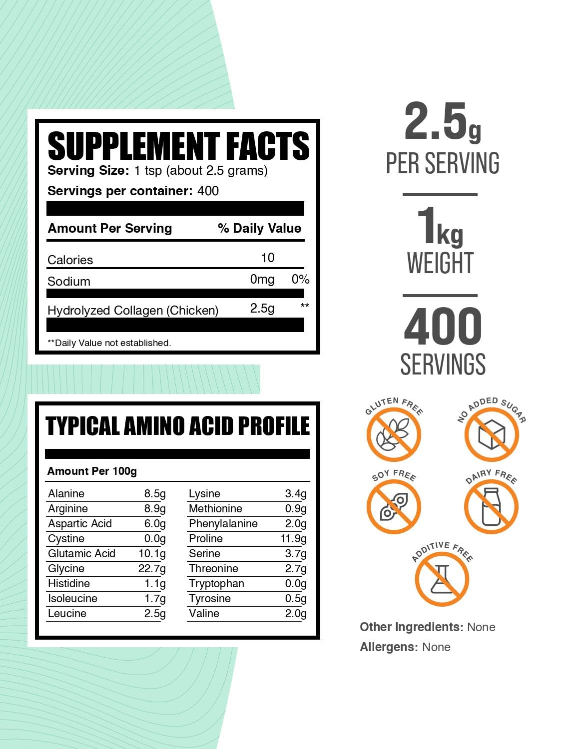BulkSupplements.com Chicken Collagen Powder - Hydrolyzed Collagen Supplement, for Hair, Skin, & Nails - Unflavored & Gluten Free, 2.5g per Serving, 1kg (2.2 lbs) (Pack of 1) — Amazon image 2