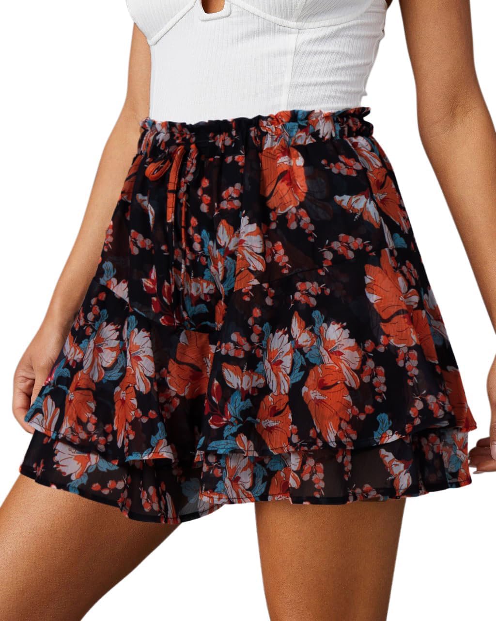 Flowy Shorts for Women Casual Boho Floral Skorts Ruffle Mini Skirts Running Tennis Butterfly Chiffon Shorts