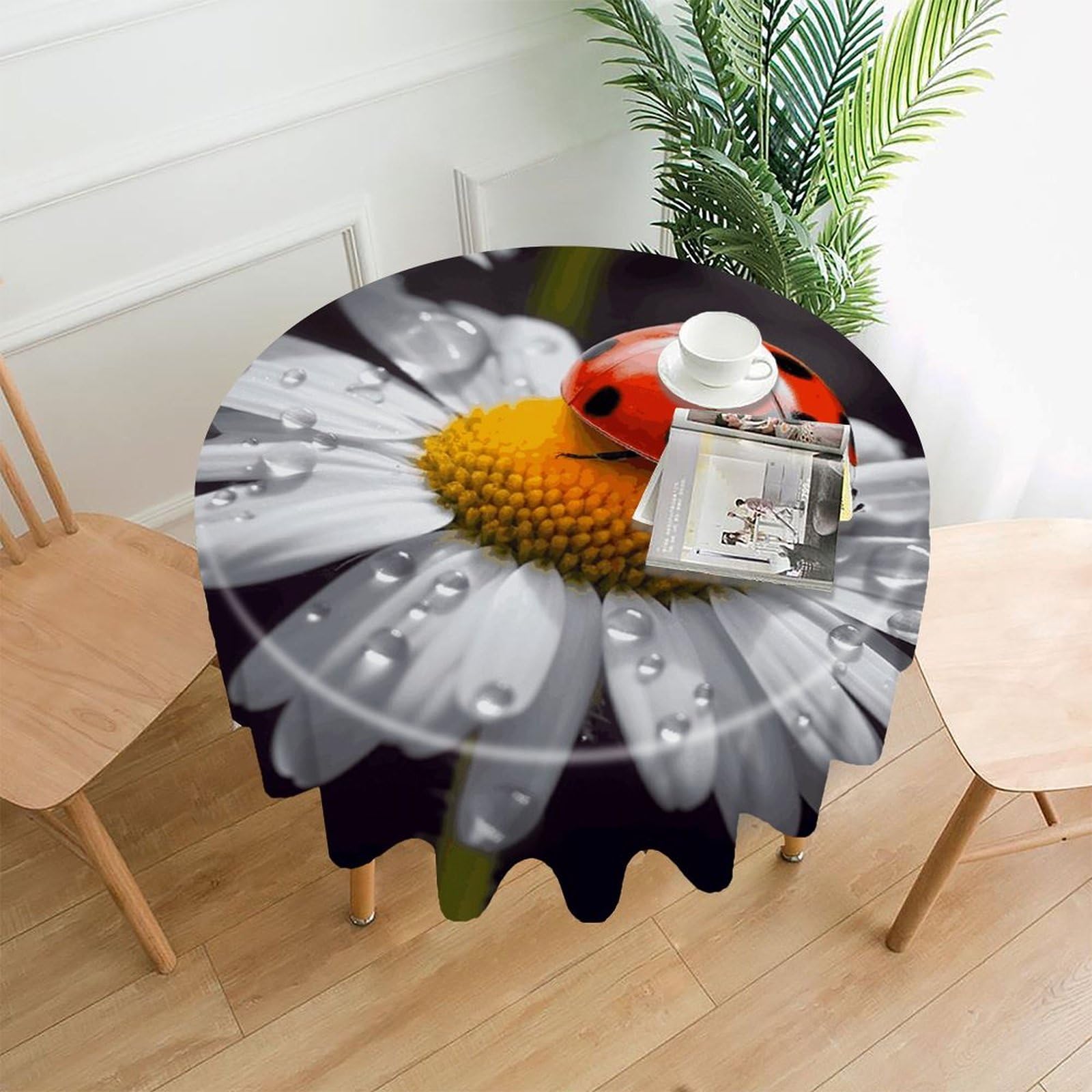 Ladybug on Daisy Flower Tablecloth Exquisite Wrinkle-Free Straight-Edge Round Table Cloth Anti-Fading Premium Polyester Tablecloth Waterproof Folding Table Cloths for Tables Decor