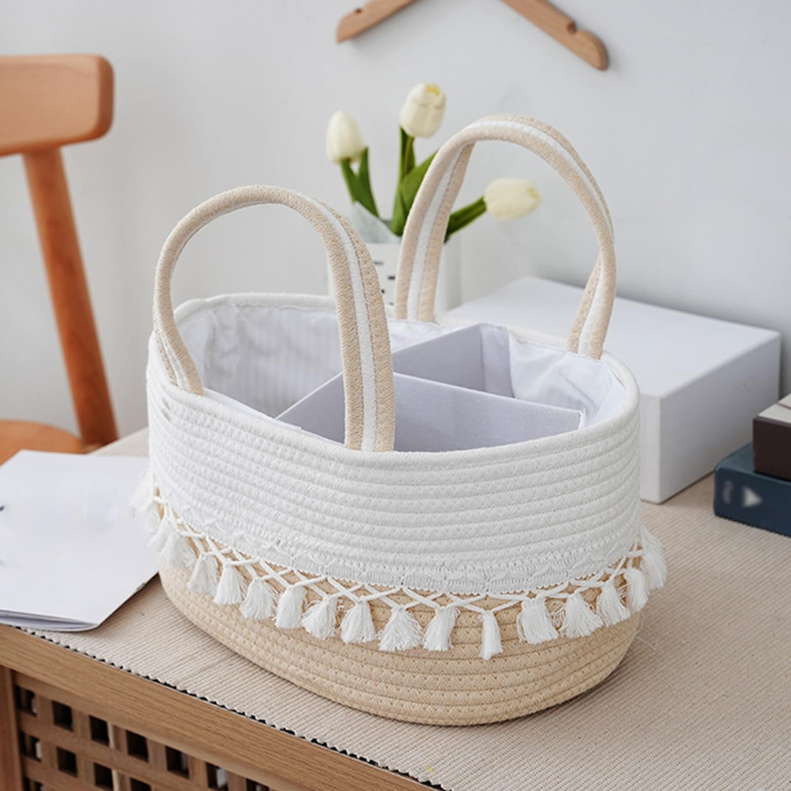 Baby Diaper Caddy Organizer, Rope Tassel Nursery Storage Bin Basket, Portable Holder Tote Bag for Girl Boy, Nursery Storage Bin with Removable Divider, Newborn Holder for Baby Shower & Mums (White)