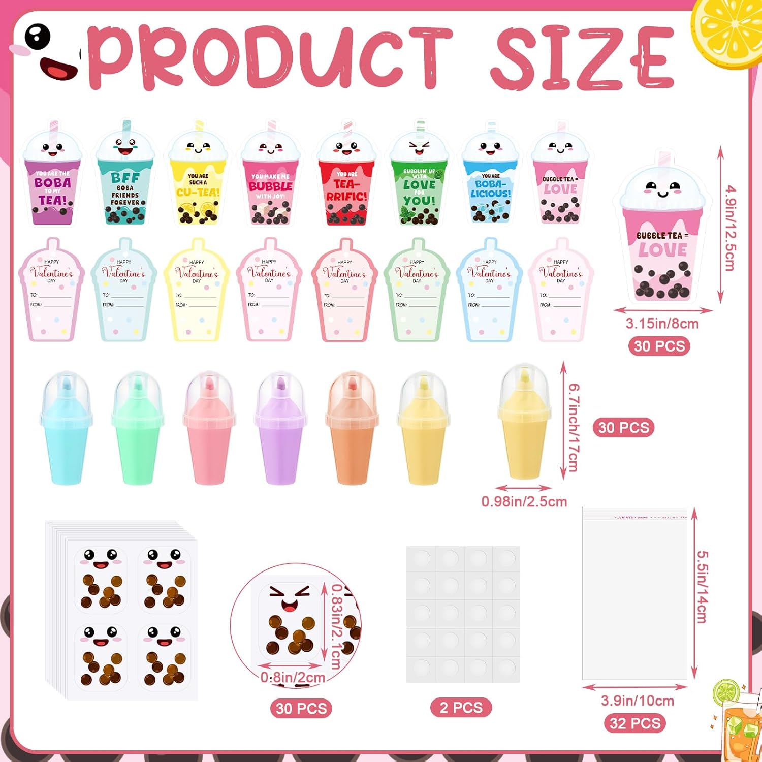 Glenmal 30 Sets Valentines Party Favors DIY Crafts Kits Include 30 Bubble Tea Cards 30 Highlighters Marker Gifts with Funny Stickers Cute Prizes for Valentines Party Supply(Bubble Tea)