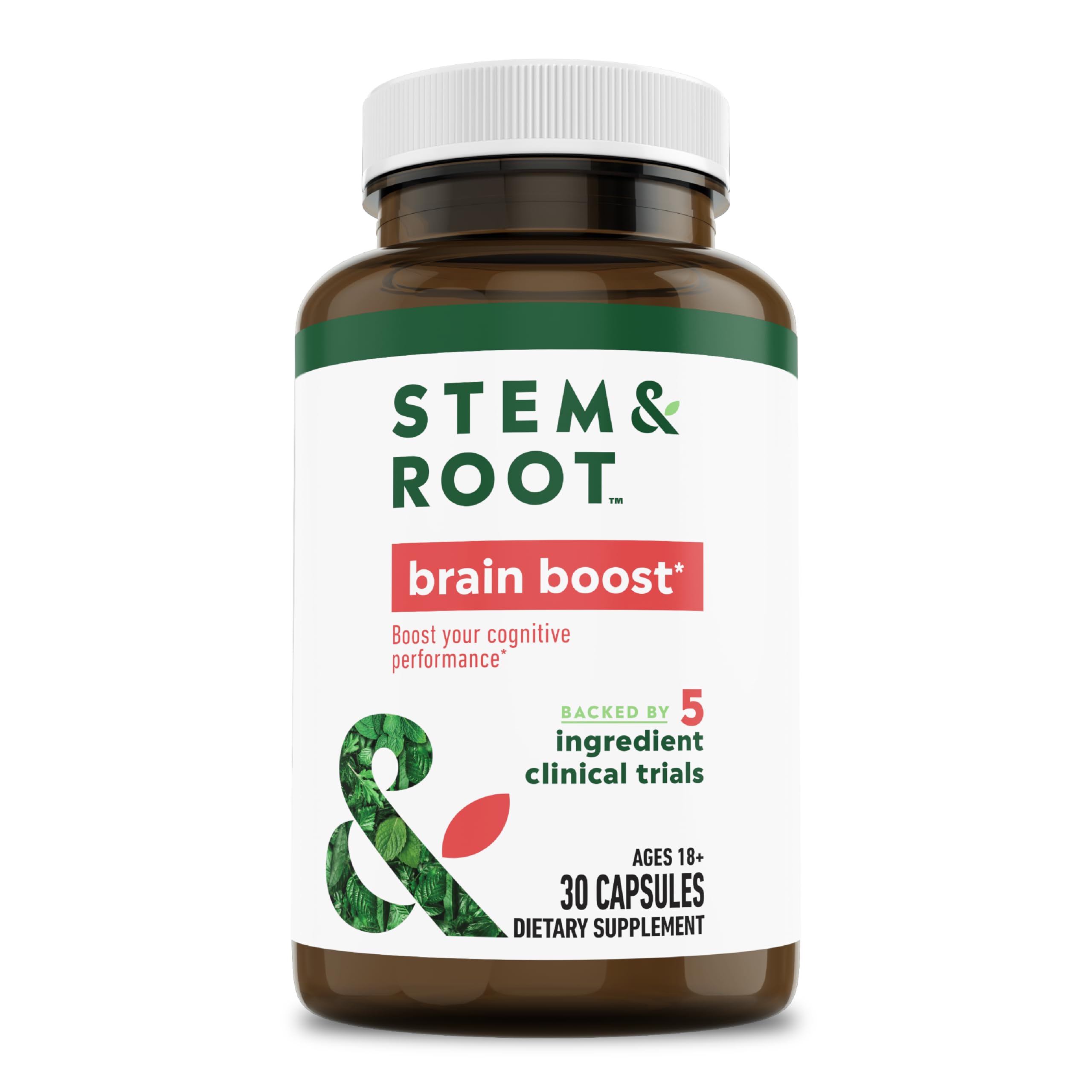 Stem & Root Brain Boost Herbal Supplements with Adaptogenic Herbs Bacopa & Rhodiola to Improve Cognitive Performance, Boost Brain Power & Enhance Short-Term Memory, Nootropics, Capsules - 30 ct