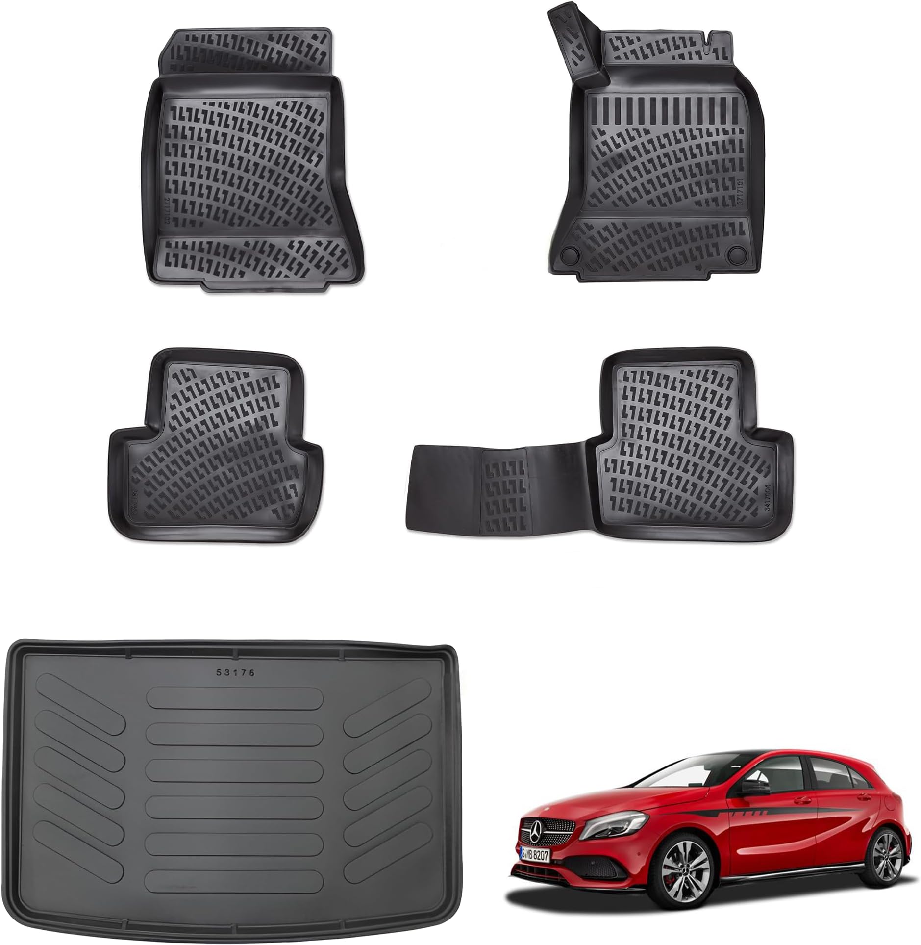– Heavy Duty Rubber Floor Mats and Boot Liner Set for Mercedes A Class 2012–2018 - Waterproof Non-Slip Vehicle Mats with OEM Fixing Clips - Compatible with Mercedes A Class 2012–2018 - Set of 5
